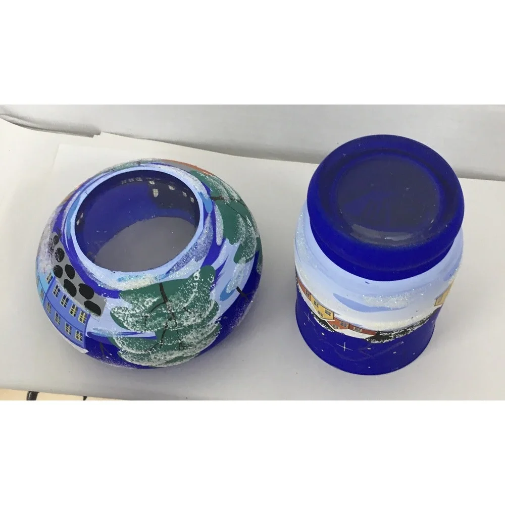 Votive Hand Painted Christmas Scenes Candle Holders Frosted‎ Cobalt Blue